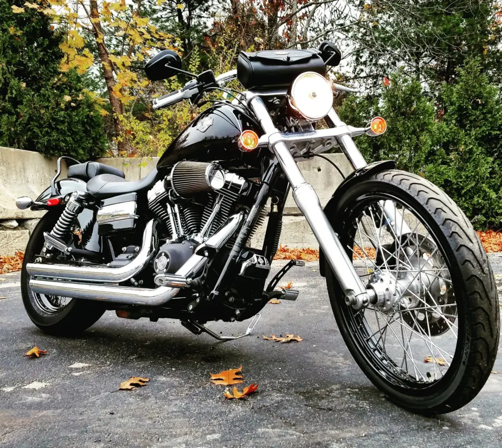 Black Harley-Davidson cruiser motorcycle with chrome details, parked on asphalt with autumn leaves.