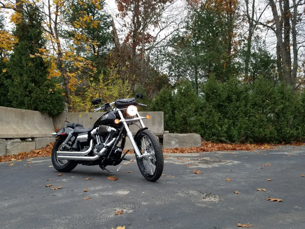 Black Harley cruiser motorcycle parked on asphalt with concrete wall and autumn trees in background.
