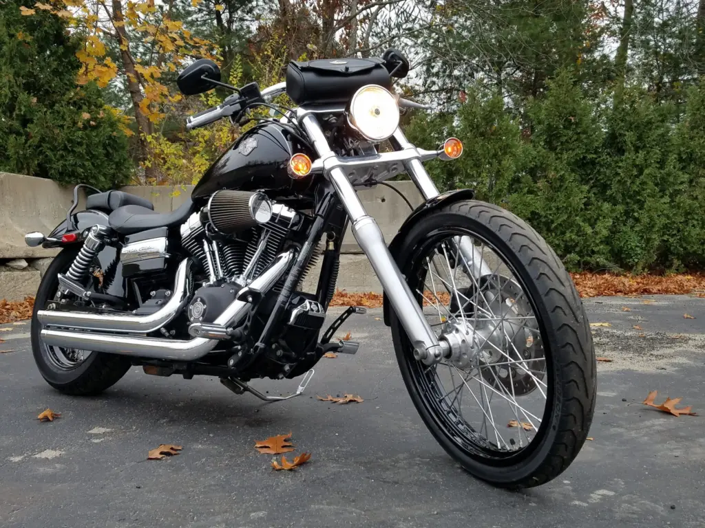 Black Harley-Davidson cruiser motorcycle with chrome details parked on asphalt with fall leaves.
