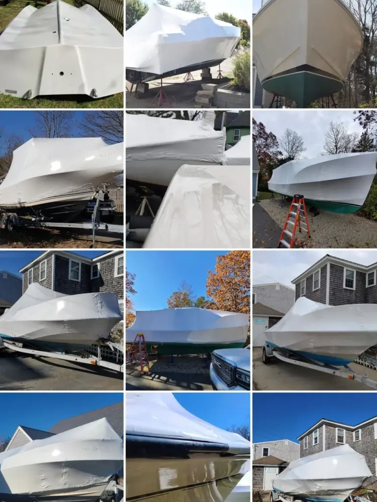 Multiple boats with white protective covers stored on trailers and in driveways in Pembroke.