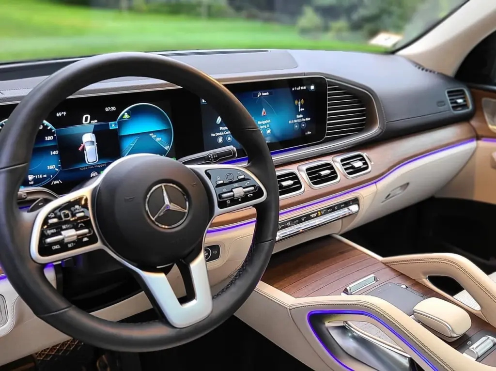 Mercedes-Benz steering wheel and dashboard with digital instrument cluster and ambient lighting.